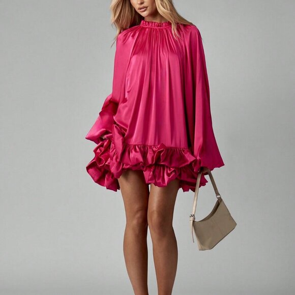 Hot Pink Party Women's Ruffle Hem High Neck Satin Elegant Mini Dress - Picture 4 of 8